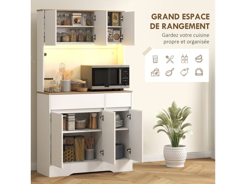  Buffet cuisine meuble cuisine rangement haut avec lumière led rgb, plan de travail, 6 portes, 2 tiroirs, blanc  - Conforama E