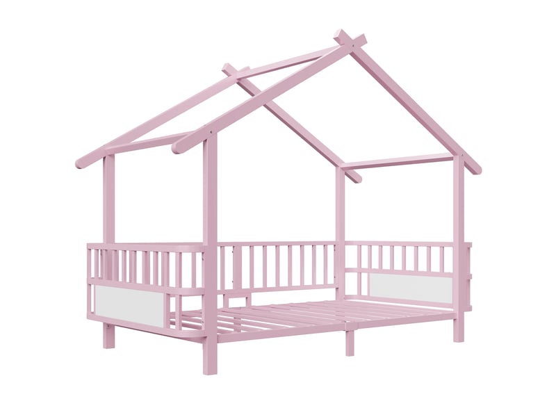 Lit cabane enfant 90x200 cm - cadre maison avec barrières de sécurité - structure en métal - lit 1 place - rose - Conforama R