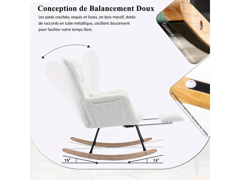  Chaise berçante tissu teddy fauteuil à bascule blanc avec repose-pieds escamotable 80x98x98.5cm  - Conforama W