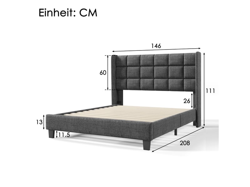  Lit 140x200 cm rembourré avec tête de lit, revêtement lin gris, sommier à lattes inclus, structure renforcée  - Conforama C