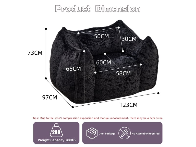  Fauteuil poire géant 123x97x73 cm avec coussin en fausse fourrure noir  - Conforama E