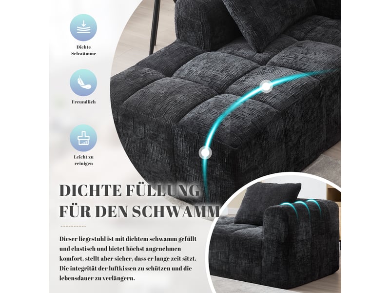  Canapé noir en chenille avec méridienne, coussin inclus et poches latérales pratiques pour salon  - Conforama D