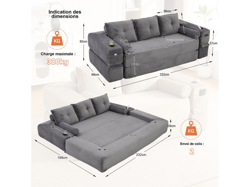 Canapé droit convertible 3 places en velours côtelé gris foncé 232x98x80 cm, poches, porte-gobelets, salon 232x98x80cm - Conforama C