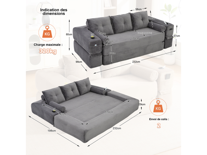  Canapé droit convertible 3 places en velours côtelé gris foncé 232x98x80 cm, poches, porte-gobelets, salon 232x98x80cm - Conforama C