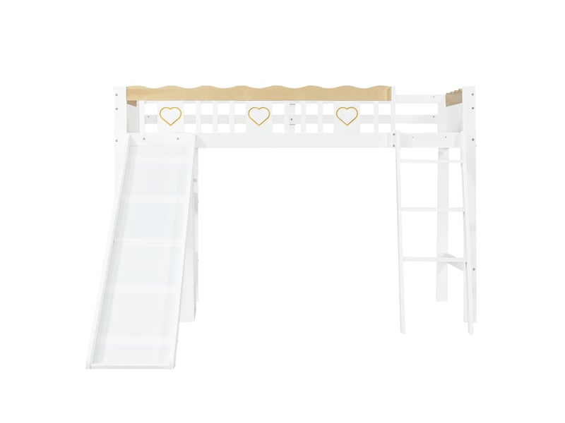  Lit superposé pour enfant avec toboggan, armoire et meuble de rangement sous le lit, barrière de sécurité sur les quatre côtés ornée de motifs raffinés, pin, mdf et contreplaqué, blanc et naturel, 90 x 200 cm  - Conforama D