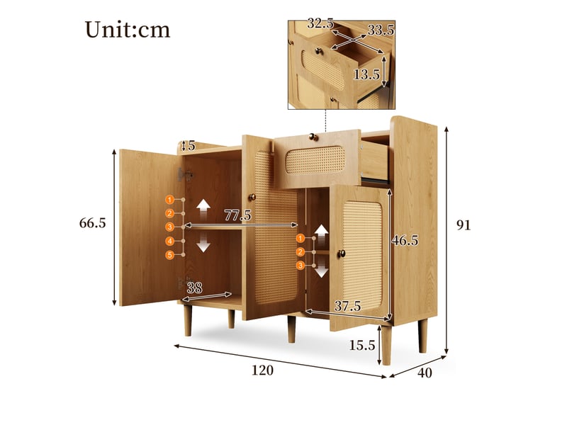  Buffet et enfilade 3 portes, 1 tiroir, étagères réglables, fermeture douce, pour salon, mdf chêne, 120 × 40 × 91 cm  - Conforama D