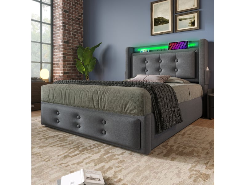  Modenvie lit coffre 90x200 cm - rangement intégré, led et ports usb-c - matelas et sommier inclus - gris  - Conforama E