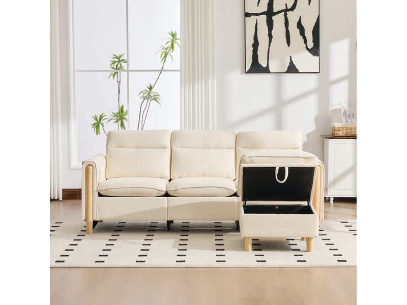  Canapé d'angle 3 places réversible en tissu beige 201 cm avec pouf de rangement, style nordique pour le salon  - Conforama E