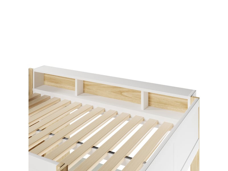  Lit mezzanine 140x200 cm, lit combiné, bureau intégré, armoire intégrée, rangements intégrés, éclairage led, bois massif et mdf blanc et naturel OPULERANE TRADING LTD - Conforama E