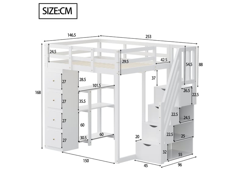  Lit mezzanine blanc 140x200cm avec rangement, échelle, étagères, gain de place, confort durable - bois massif - pour enfant ado  - Conforama E