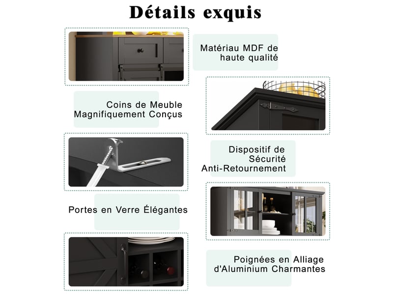  Meuble haut 105x38,4x180 cm, mdf, led multicolore contrôle app, tablettes ajustables, porte coulissante grange, noir  - Conforama E