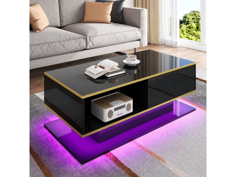  Table basse noire et dorée brillante avec 3 tiroirs et éclairage led, 100 x 50 x 40 cm  - Conforama B