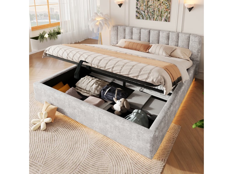 Lit coffre 180x200 cm gris clair, tissu chenille, sommier relevable hydraulique, led contrôlée par appli, sommier à lattes inclus - Conforama B