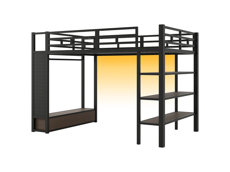Lit mezzanine métal 140x200 cm avec armoire ouverte, étagères, panneau perforé et led, noir evarich - Conforama E