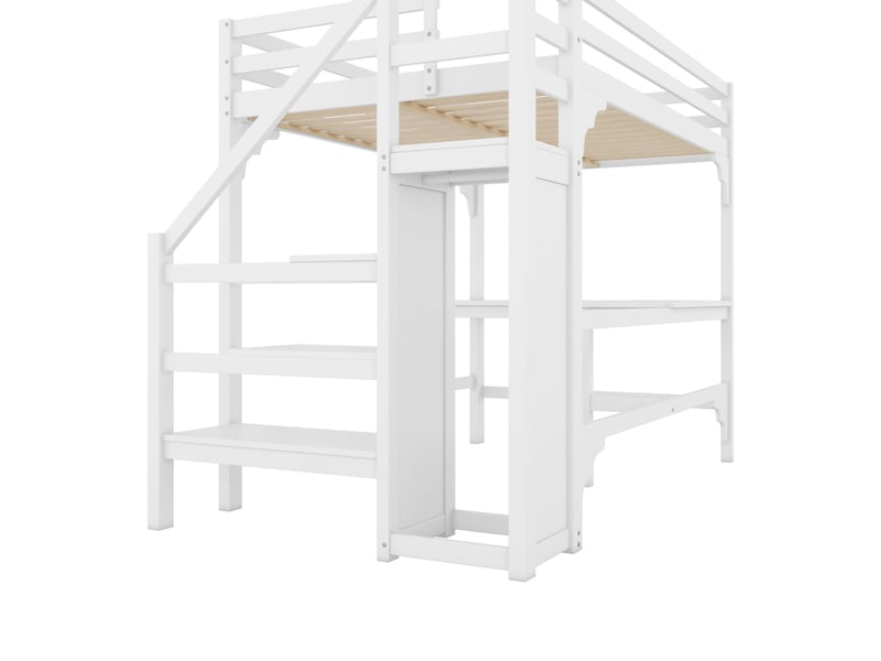  Lit mezzanine 140 x 200 cm avec bureau en l, armoire ouverte et escalier de rangement, en pin et mdf, blanc  - Conforama W