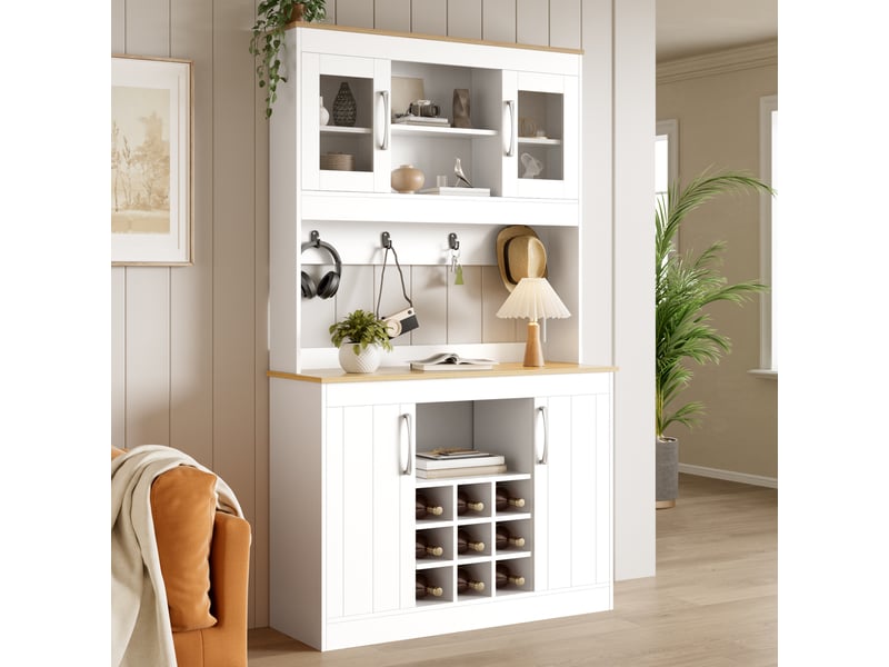  Buffet de cuisine 175cm, meuble vaisselier avec portes vitrées et étagère à vin, rangement cuisine blanc et bois naturel  - Conforama B