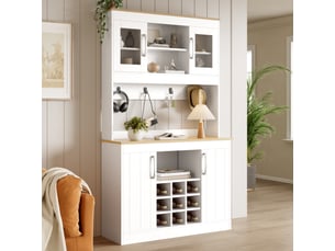Buffet de cuisine 175cm, meuble vaisselier avec portes vitrées et étagère à vin, rangement cuisine blanc et bois naturel