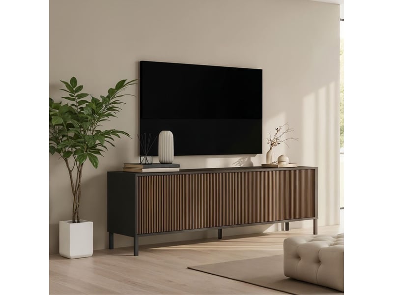  Meuble tv gris lave et aspect bois relief effet tasseaux pieds métal - ticoria TICORIA - Conforama B
