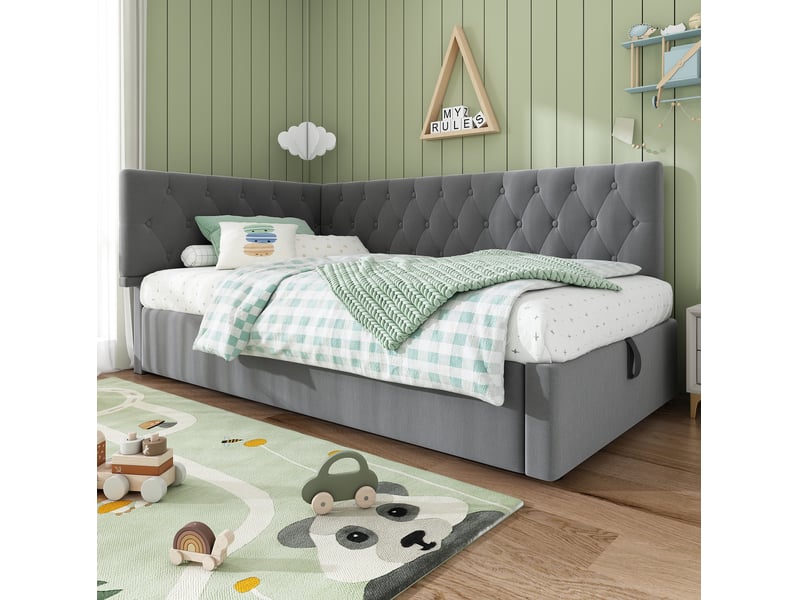  Modenvie lit banquette 90x200 cm - rangement hydraulique, sommier à lattes inclus, sans matelas - gris  - Conforama D