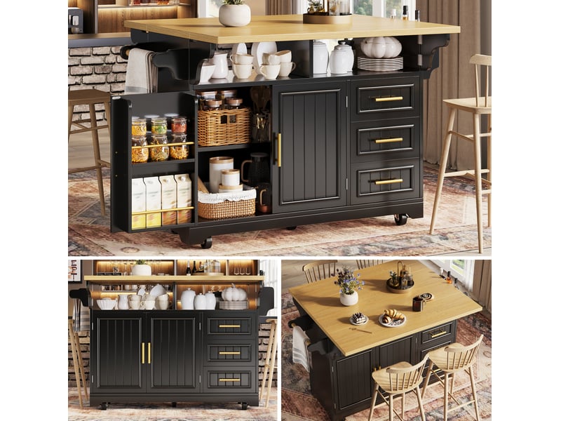  Desserte de cuisine 120x4080x95 cm, plan extensible, portes à motif vertical, 3 tiroirs, roulettes, mdf métal, noir  - Conforama D