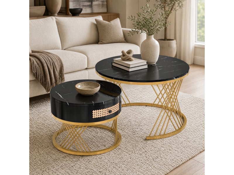 Lot de 2 tables basses rondes gigognes avec tiroir, effet marbre noir et pieds dorés - Conforama B