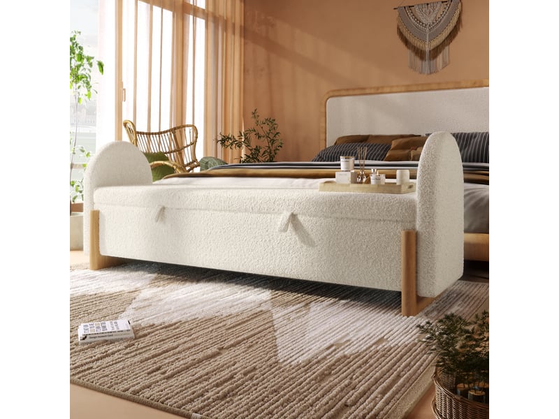  Banc de lit 166 cm - banc coffre de rangement bouclé blanc - ouverture hydraulique - pieds en bois massif  - Conforama W