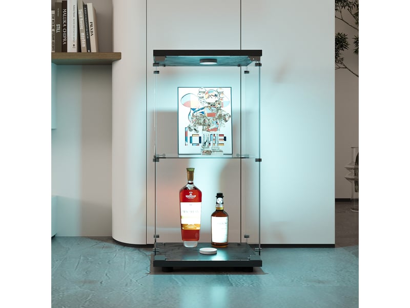  Vitrine en verre 2 niveaux simple porte avec éclairage led - 40,35 x 36,5 x 86,2 cm - noir - armoire d'exposition - éclairage led  - Conforama D