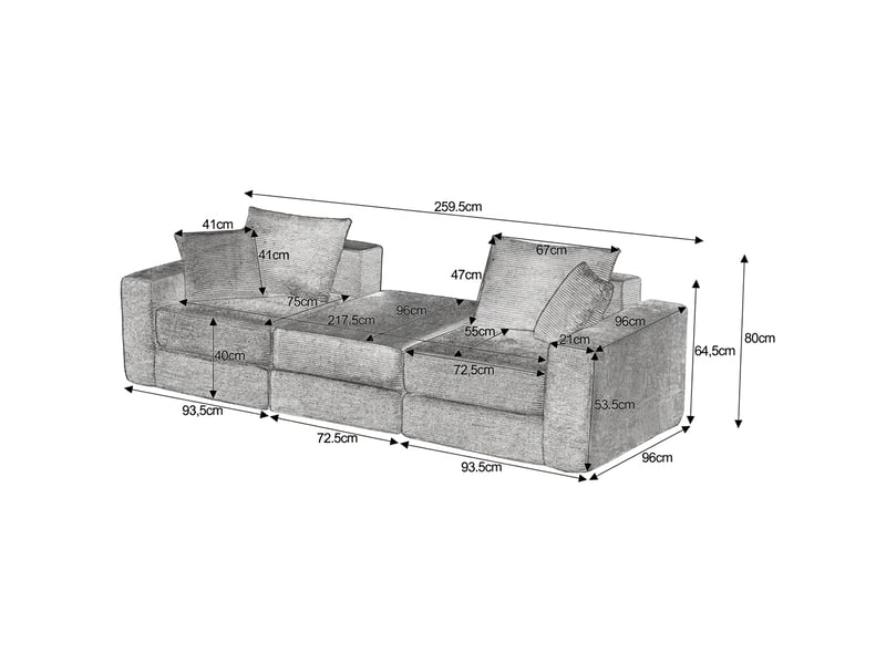  Canapé modulable 3 places loveeat cloud gris foncé en velours côtelé avec base antidérapante  - Conforama E
