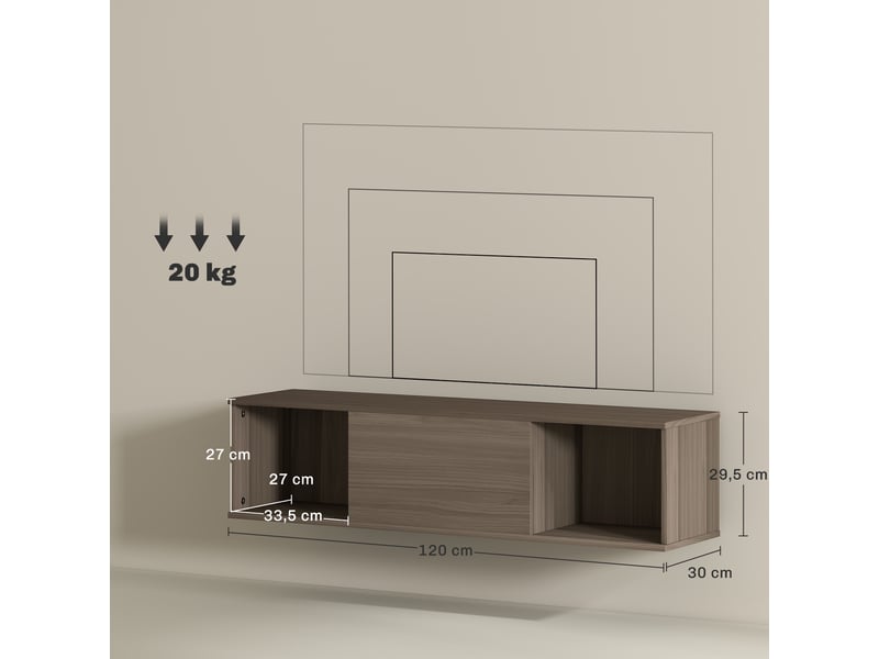  Armoire murale avec deux niches ouvertes, porte abattante centrale, marron, 120 x 30 x 29,5 cm  - Conforama E