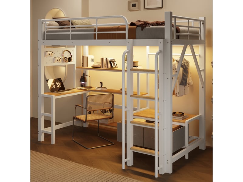  Lit mezzanine enfant 90x200cm avec bureau et prises usb - panneau perforé, tiroirs en tissu, étagères, penderie et led, métal blanc evarich - Conforama B