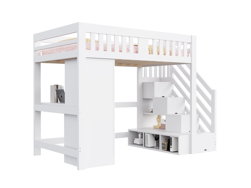  Modenvie lit mezzanine 140x200 cm - rangement, bureau avec prise et led - pour chambre d'adolescent - blanc  - Conforama A