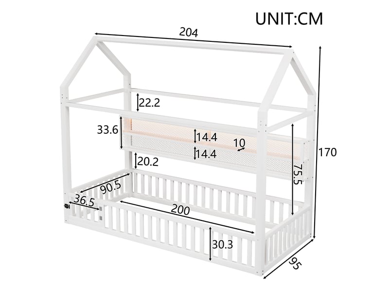 Lit enfant blanc 90 x 200 cm lit cabane avec barrière et éclairage led et étagère structure en métal EVARICH - Conforama E