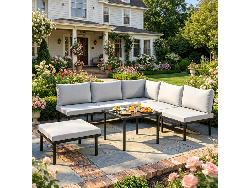  Salon de jardin modulable 6 pièces 116 x 60,5 cm gris clair et noir, métal, table basse en verre trempé  - Conforama D