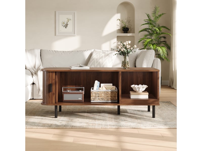  Table basse avec porte coulissante cannelée et niche de rangement, 110 cm, effet noyer et pieds métal  - Conforama D