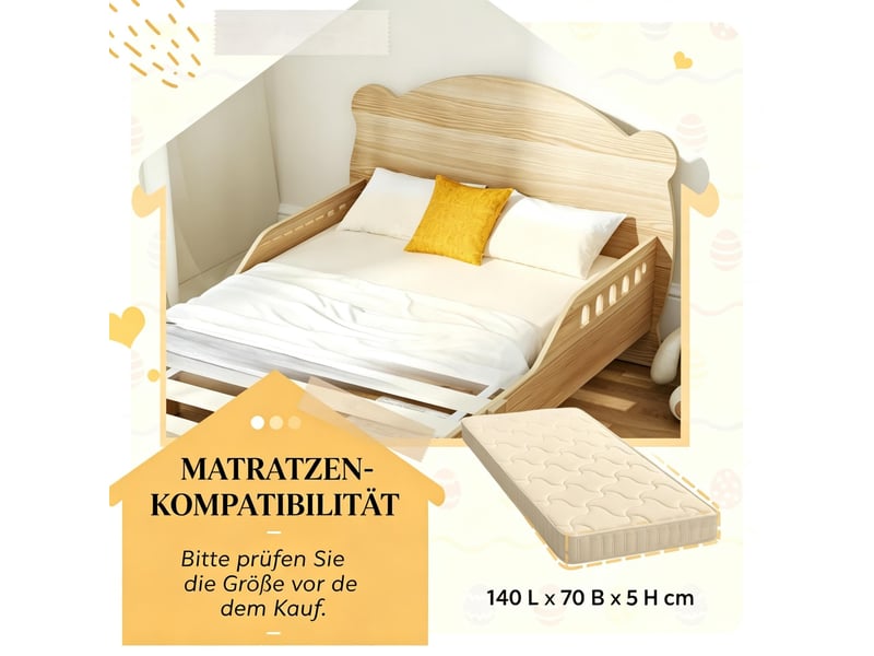  Lit enfant 70x140 cm en bois naturel avec barrière de sécurité motif ours  - Conforama E