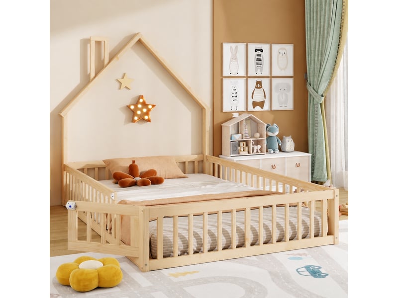  Lit cabane enfant 140 x 200 cm avec forme de cheminée, sommier à lattes, naturel  - Conforama C