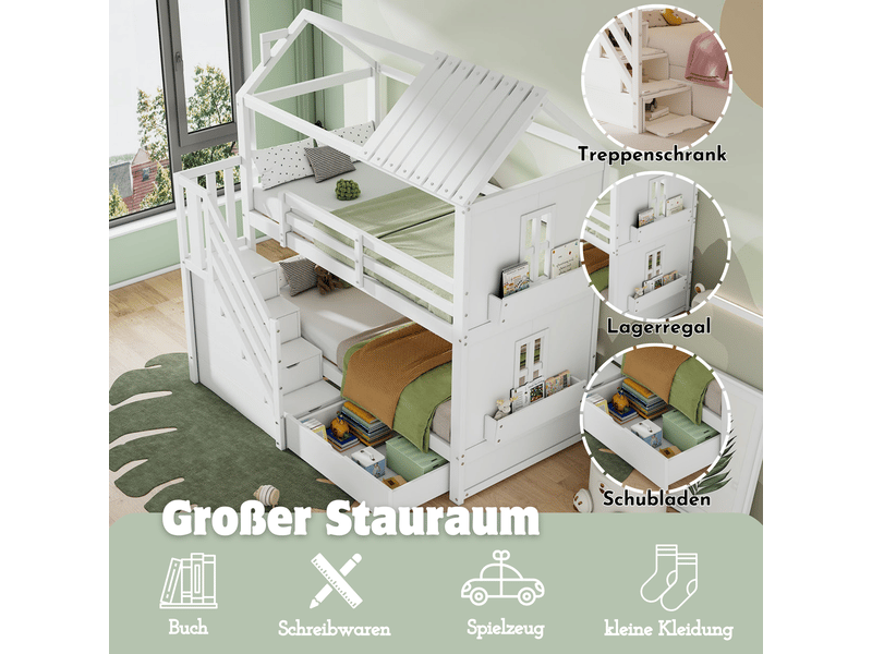 Lit superposé 90x200 - rangement tiroirs - lit superposé enfant - design cabane, escalier, étagères et bois blanc - Conforama E