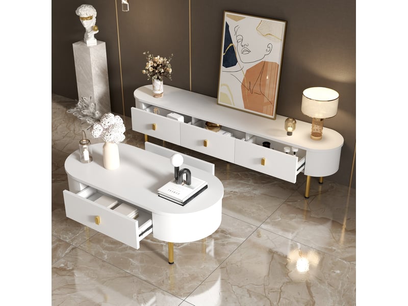  Ensemble meuble tv et table basse en mdf blanc et doré avec tiroirs  - Conforama B