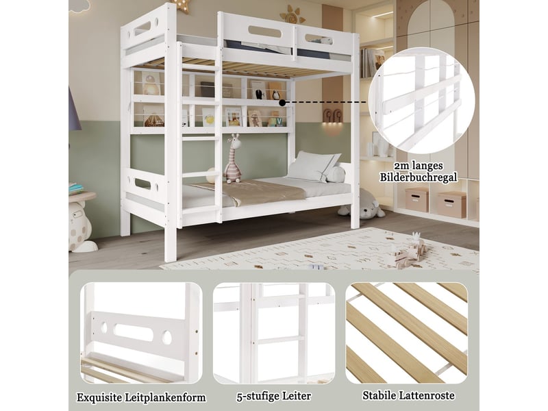  Lit superposé enfant 90x200, garde-corps haut sécurité lit superposé, rangement intégré, échelle sécurisée  - Conforama E