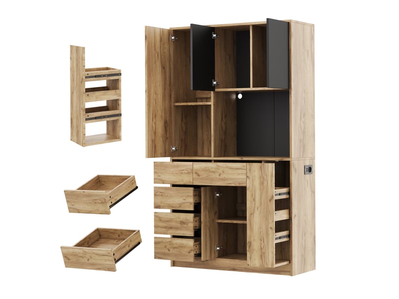  Buffet haut 105x40x185 cm noir et naturel mdf, 4 tiroirs, led, prises usb et type c, rangement cuisine  - Conforama E