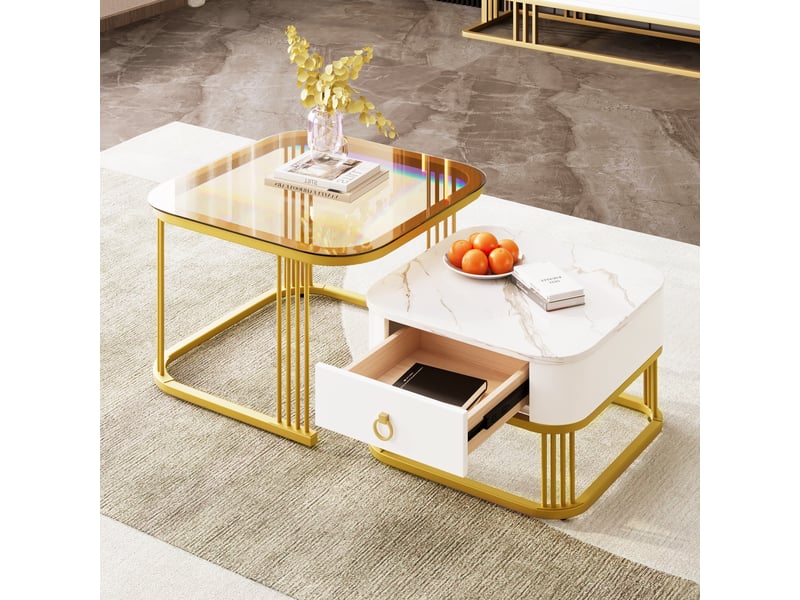  Tables basses gigognes avec tiroirs pour salon en mdf 60×60×44,5 et 50×50×34,5 cm blanc et or  - Conforama D