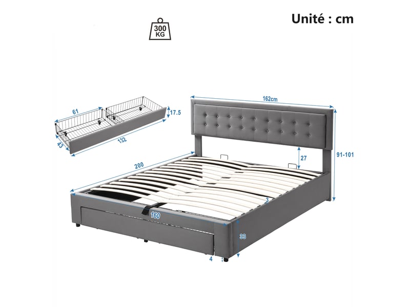 Lit coffre 160x200 cm - lit double rembourré avec sommier à lattes en bois - velours - sans matelas - gris - Conforama C