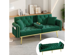 Canapé convertible 2 places velours vert 175x80x73.5cm avec coffre de rangement et support gobelet