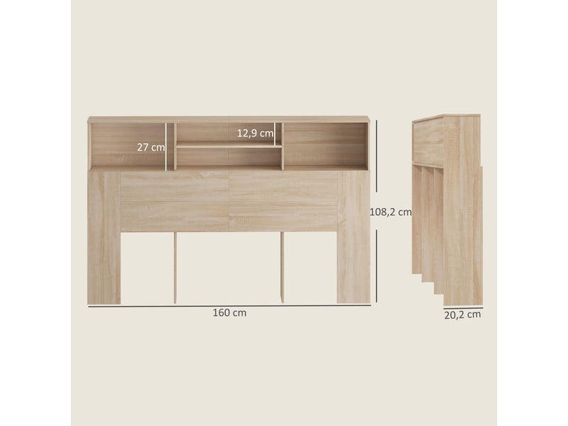  Tête de lit sur pied avec rangements, 160 x 20,2 x 108,2 cm, accessoire de lit 4 compartiments ouverts, bois naturel  - Conforama C