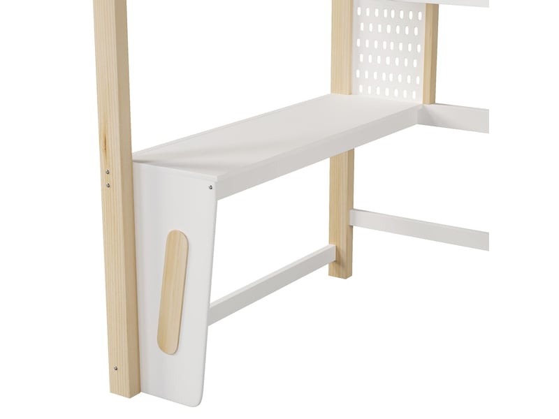  Lit enfant 140 x 200 cm bureau intégré lit double en pin panneau perforé éclairage led finition naturelle et blanche  - Conforama D