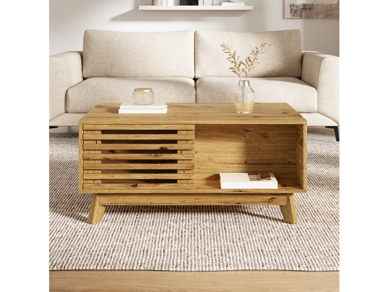  Table basse relevable 90 x 55 x 57,5 cm – naturel – plateau modulable et rangement intégré – style rétro  - Conforama E