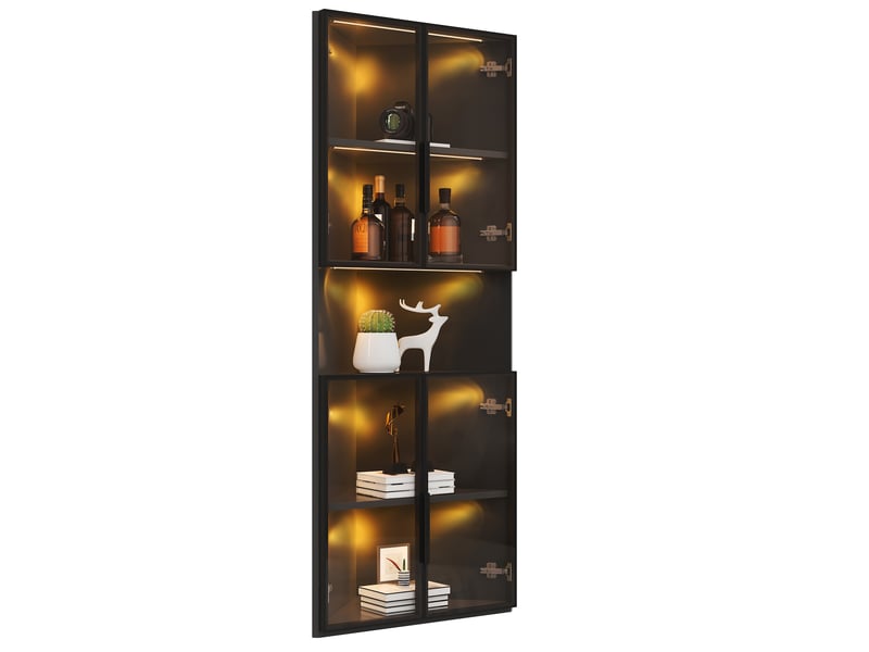 Vitrine d'angle noire 62x32x160cm, vitrine avec éclairage led jaune chaud, meuble de présentation en verre trempé pour salon. - Conforama A