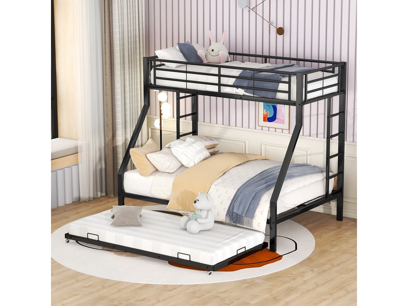 Lit superposé en métal noir, lit superposé avec lit gigogne 90x200 et 140x200 cm, pour enfants et adultes. - Conforama D