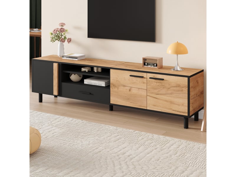  Meuble tv avec 3 portes, 1 tiroir et rangement ouvert pour salon 180×32,5×50 cm noir bois  - Conforama C