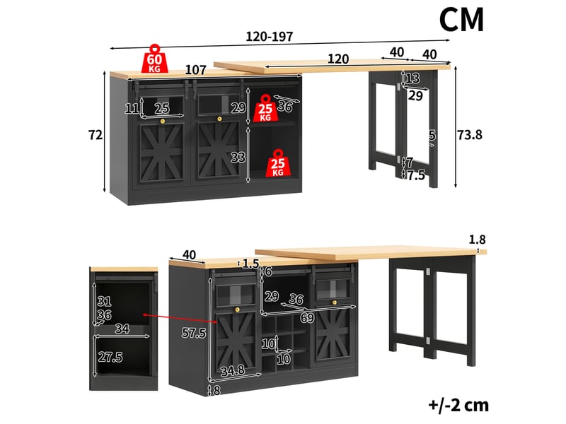 Îlot de cuisine 3-en-1 extensible et pivotant 120-197x40x72 cm noir - Conforama C